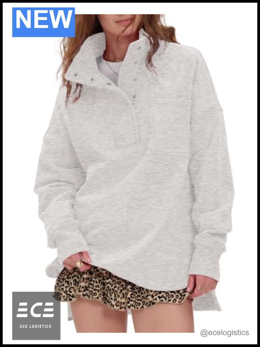 Oversized Henley Neck Sweatshirt Side Slit Pullover Cotton Blend